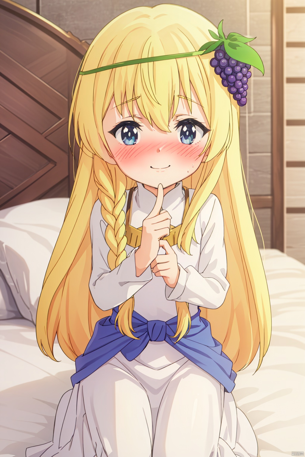 1girl,(loli:1.5), solo ,long hair,Long flowing hair, looking at viewer ,smile, blue eyes, blonde hair ,palace,hair ornament ,long sleeves, white dress,braid frills food , grapes,index finger raised,(Blushing:1.3),(shy:1.3),,in bed,kneeling