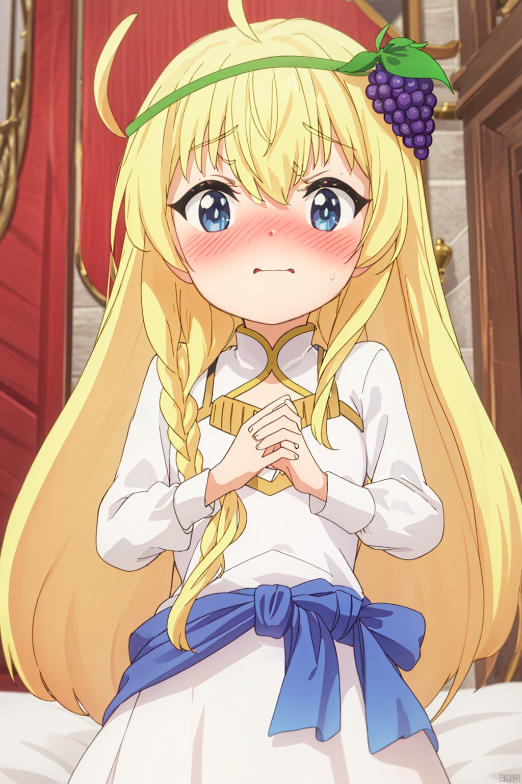1girl,(loli:1.5), solo,(ahoge:1.4) ,long hair,hair band,Long flowing hair, looking at viewer ,, blue eyes, blonde hair ,palace,hair ornament ,long sleeves, white dress,braid frills food , grapes,index finger raised,(Blushing:1.3),(shy:1.3),,in bed,standing,Angry,reach out, ,(from below:1.2),Extend your hand forward