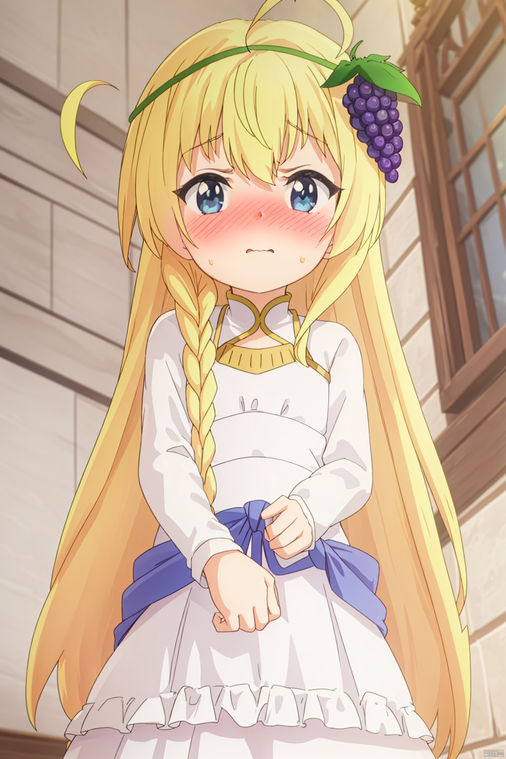 1girl,(loli:1.5), solo,(ahoge:1.4) ,long hair,hair band,Long flowing hair, looking at viewer ,, blue eyes, blonde hair ,palace,hair ornament ,long sleeves, white dress,braid frills food , grapes,index finger raised,(Blushing:1.3),(shy:1.3),,in bed,standing,Angry,reach out, ,(from below:1.2)