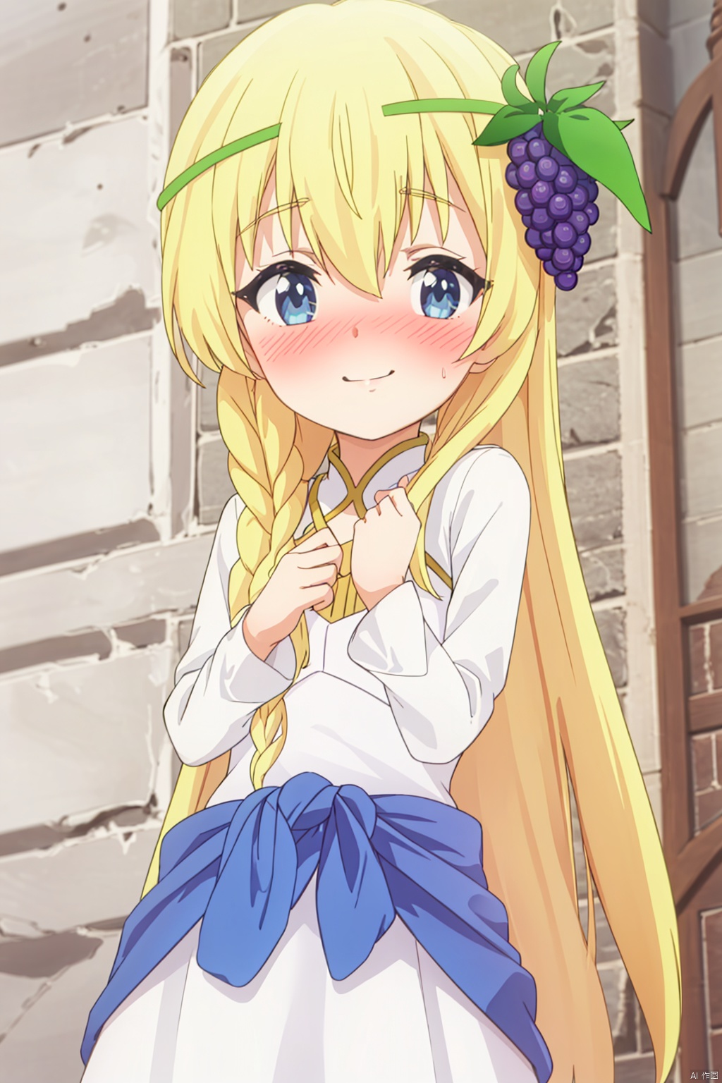 1girl,(loli:1.2), solo ,long hair,Long flowing hair, looking at viewer ,smile, blue eyes, blonde hair ,palace,hair ornament ,long sleeves, white dress,braid frills food , grapes,index finger raised,standing,(Blushing:1.3),(shy:1.3),( from below:1.2),