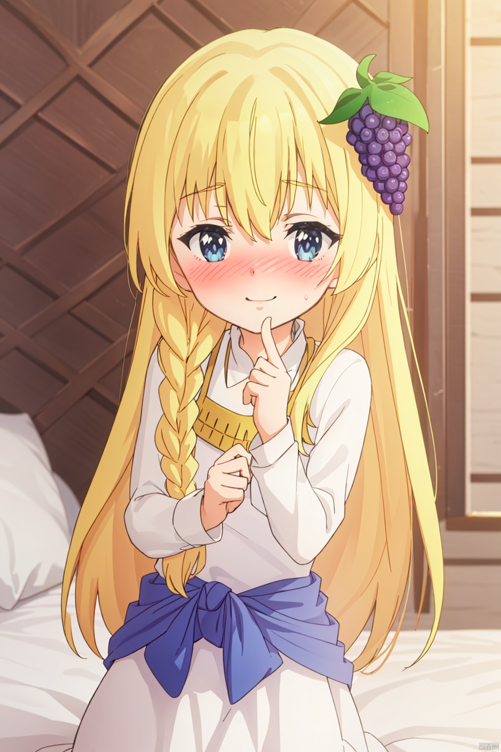 1girl,(loli:1.5), solo ,long hair,Long flowing hair, looking at viewer ,smile, blue eyes, blonde hair ,palace,hair ornament ,long sleeves, white dress,braid frills food , grapes,index finger raised,(Blushing:1.3),(shy:1.3),,in bed,kneeling