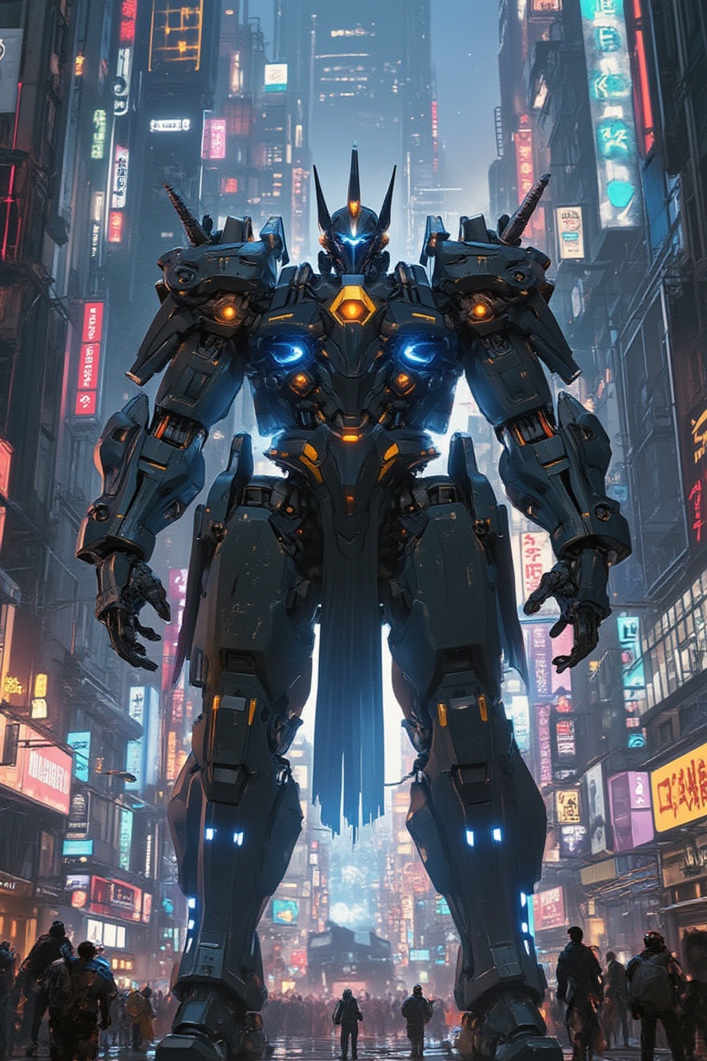 A futuristic cyberpunk warrior robot,  massive in size,  with a towering presence that dwarfs human figures. The cityscape...