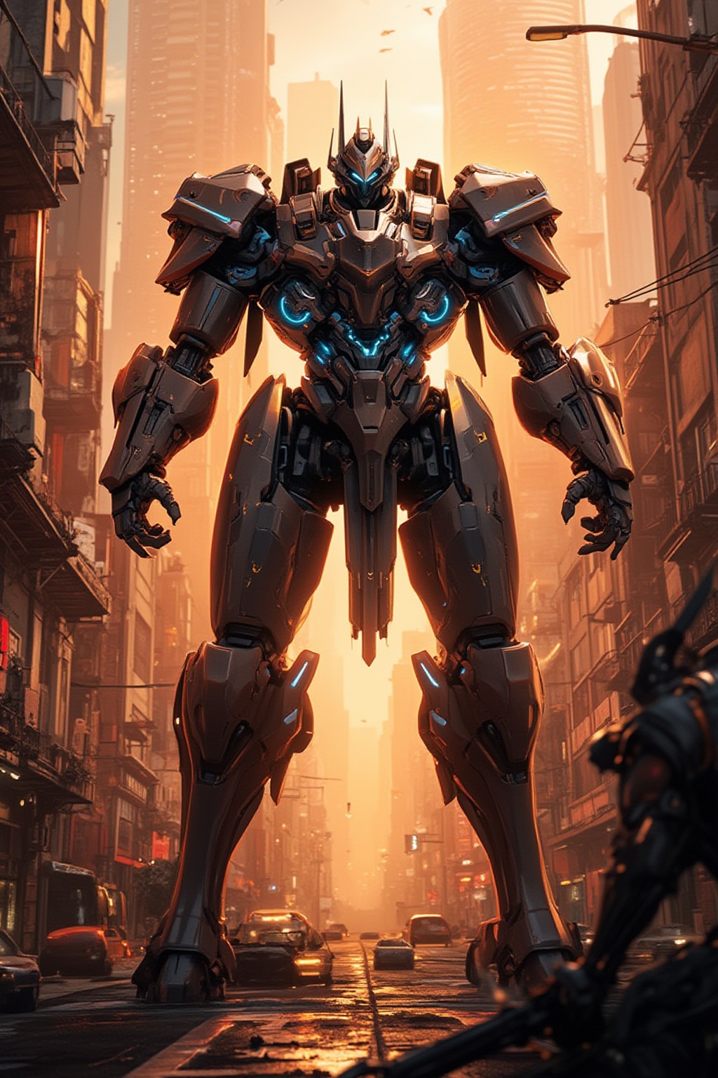 A futuristic mech stands proudly on a cityscape backdrop at sunset,  its metallic body gleaming under warm orange hues. Th...