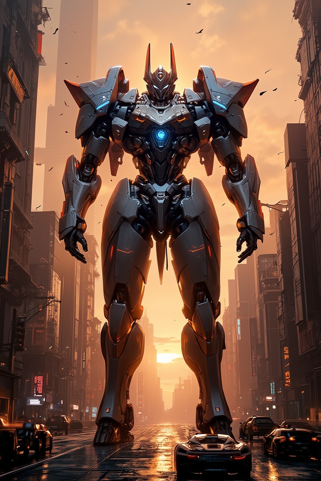 A futuristic mech stands proudly on a cityscape backdrop at sunset,  its metallic body gleaming under warm orange hues. Th...