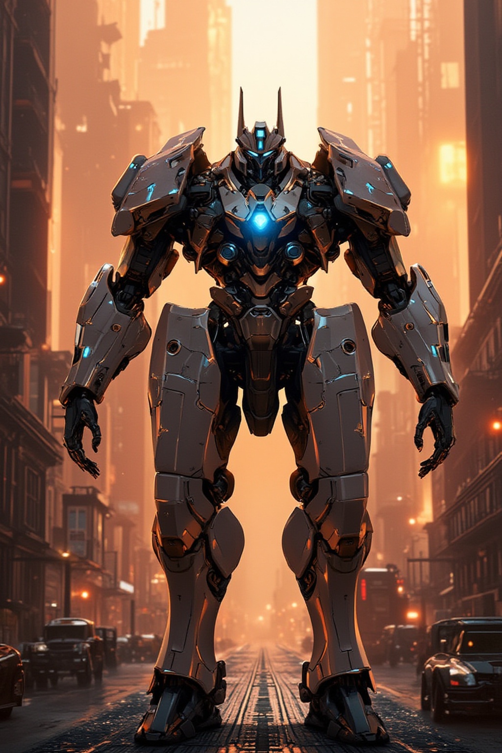 A futuristic mech stands proudly on a cityscape backdrop at sunset,  its metallic body gleaming under warm orange hues. Th...