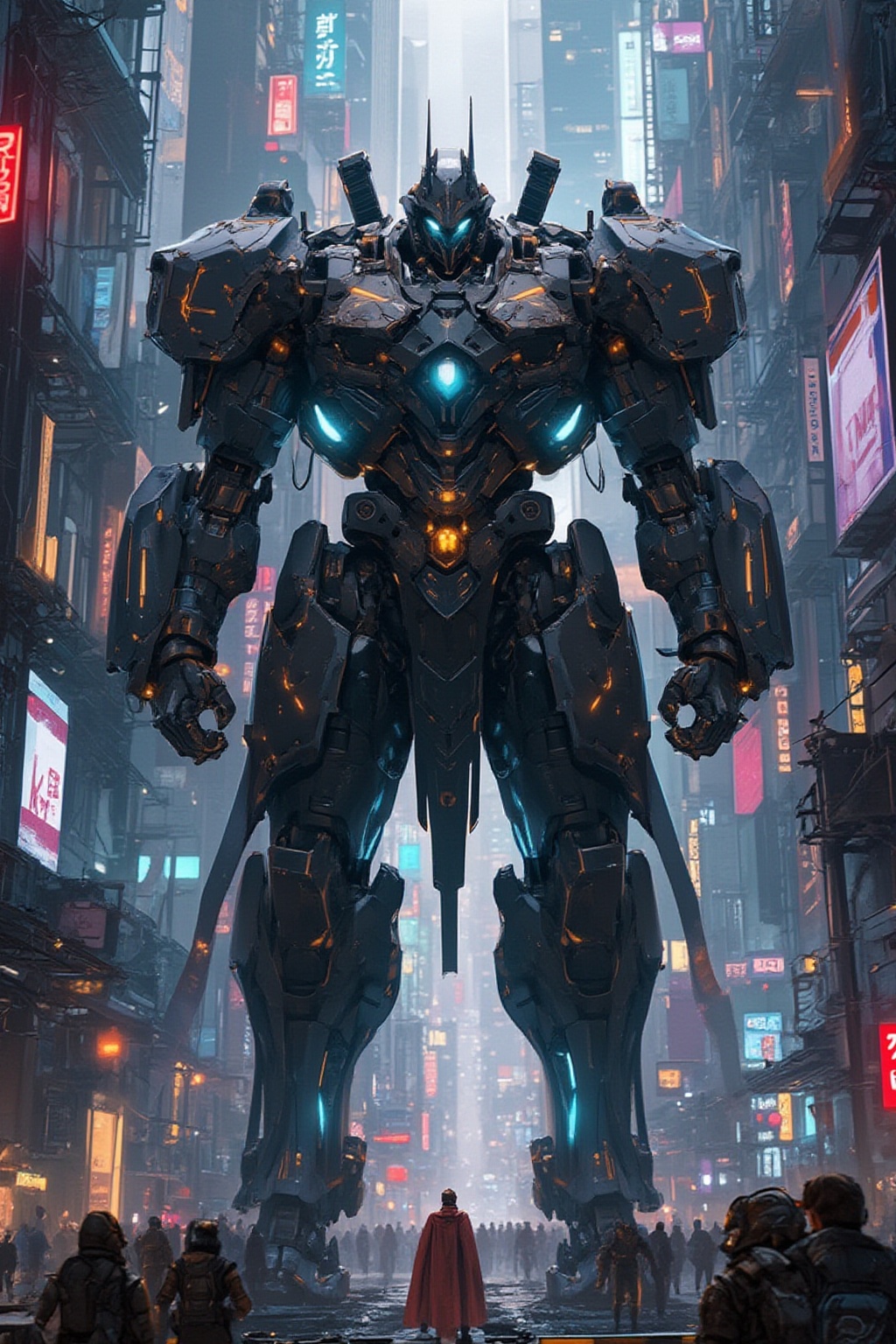 A futuristic cyberpunk warrior robot,  massive in size,  with a towering presence that dwarfs human figures. The cityscape...