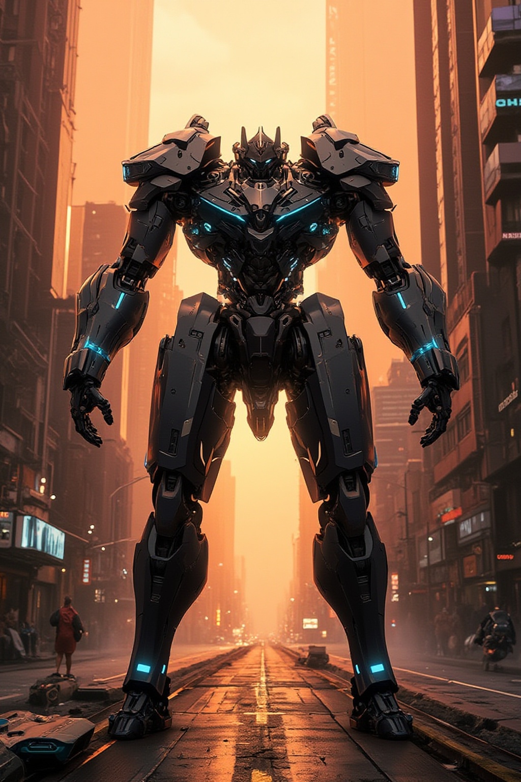 A futuristic mech stands proudly on a cityscape backdrop at sunset,  its metallic body gleaming under warm orange hues. Th...