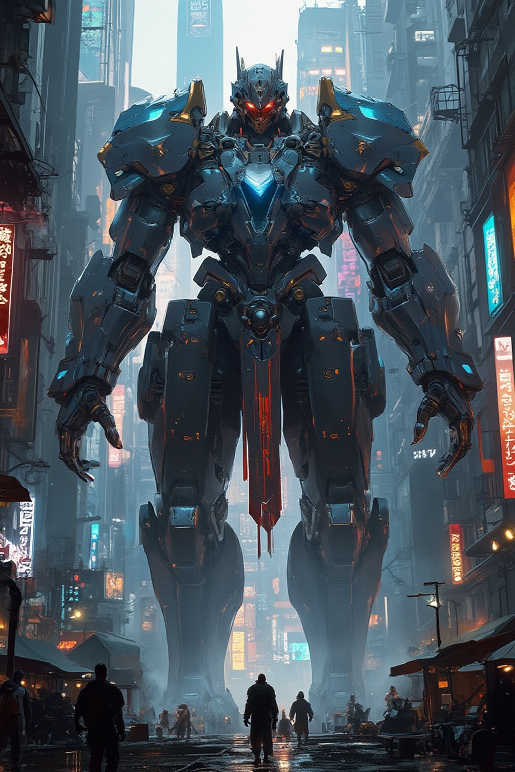 A futuristic cyberpunk warrior robot,  massive in size,  with a towering presence that dwarfs human figures. The cityscape...