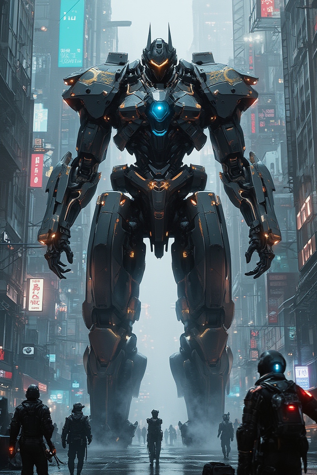 A futuristic cyberpunk warrior robot,  massive in size,  with a towering presence that dwarfs human figures. The cityscape...