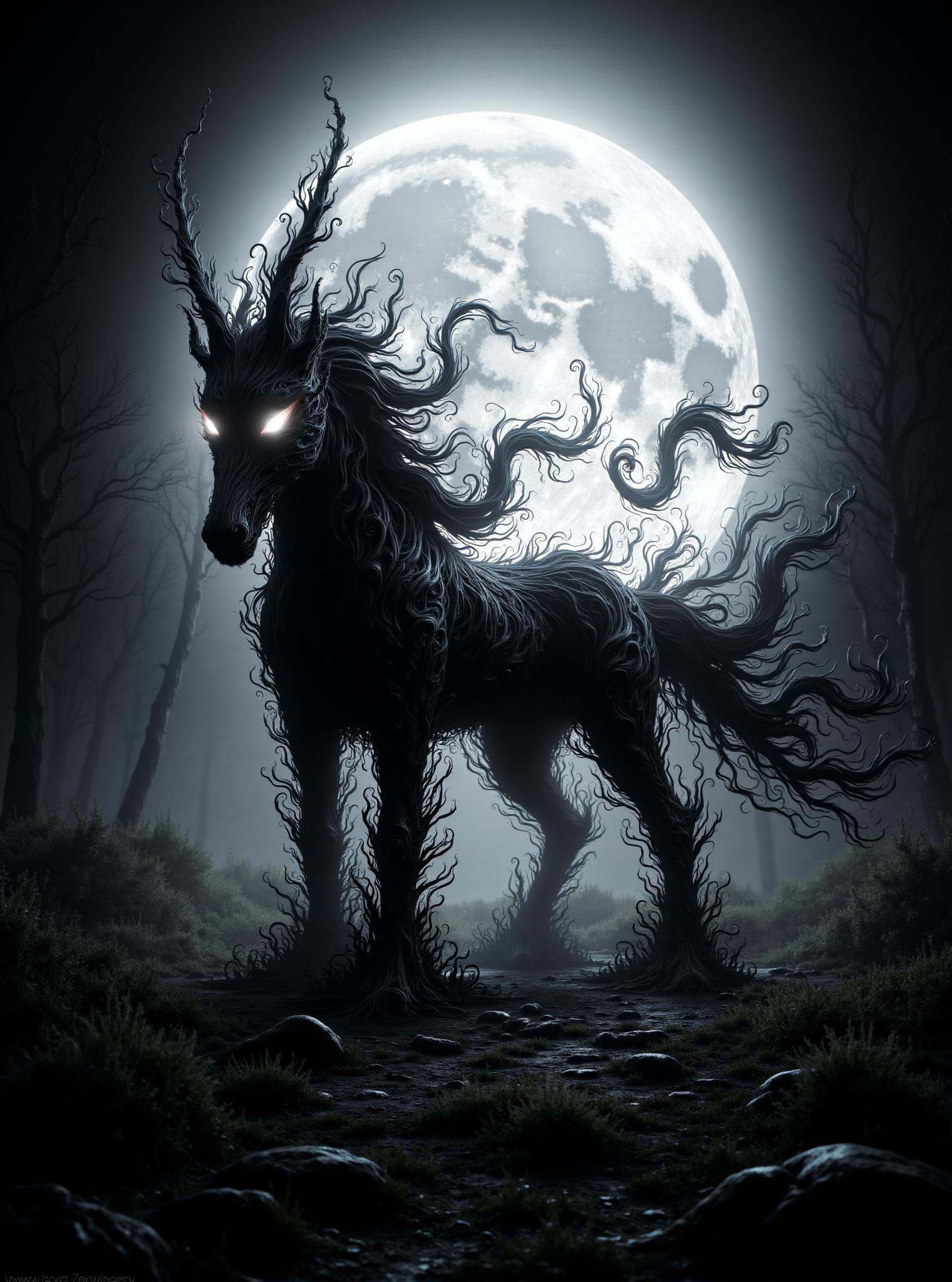 unicron, spotlight, monochrome, eerie meadow, moonlit