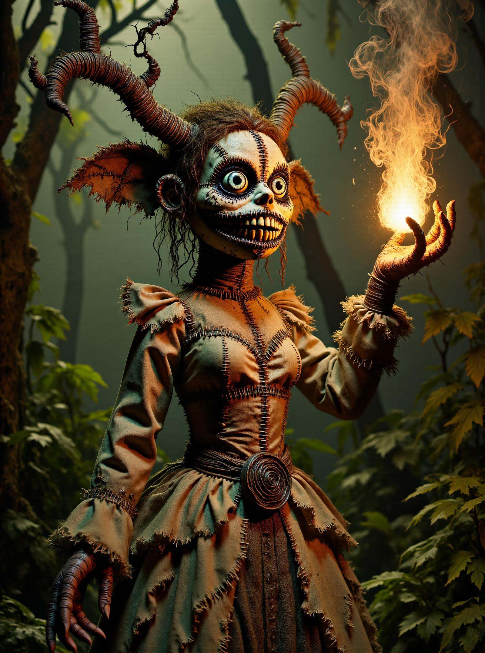 female conjurer,  alchemy Performing invocation shaped like Glyph of olive infernal fire and communicating with nature spi...