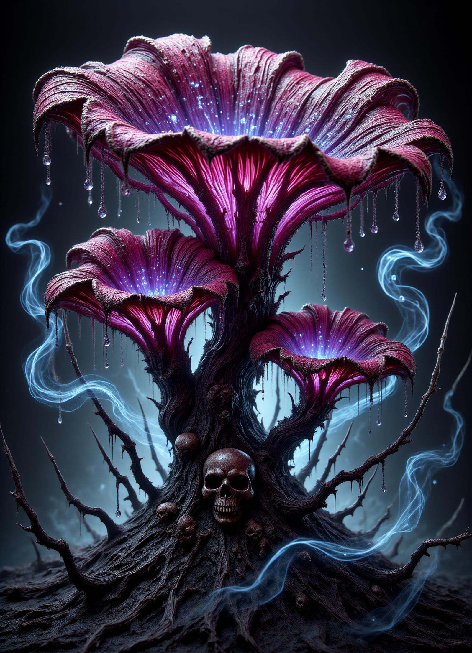 magenta medium-sized trumpet-shaped hairy mushroom,  lustrous,  papery on Tensor.Art