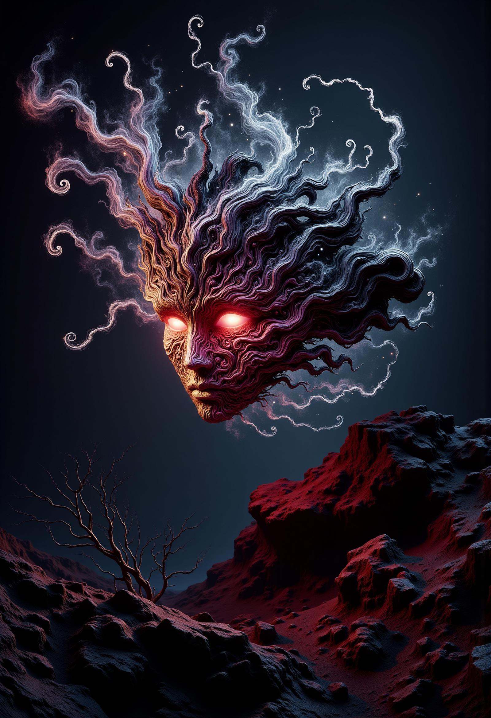 donmw15pFX floating wisp head made of napthol scarlet rocky fire,   prairie,frog eggs,,echo,cave diver, <lora:FLux\donmw15pFX-000009.safetensors:0.8>,