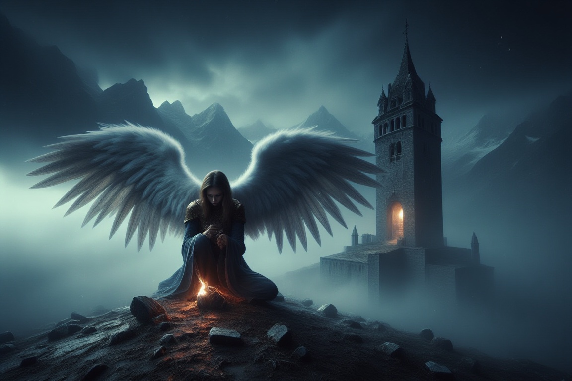AngelDreamflux,  angel on the roof ot fallen tower on Tensor.Art