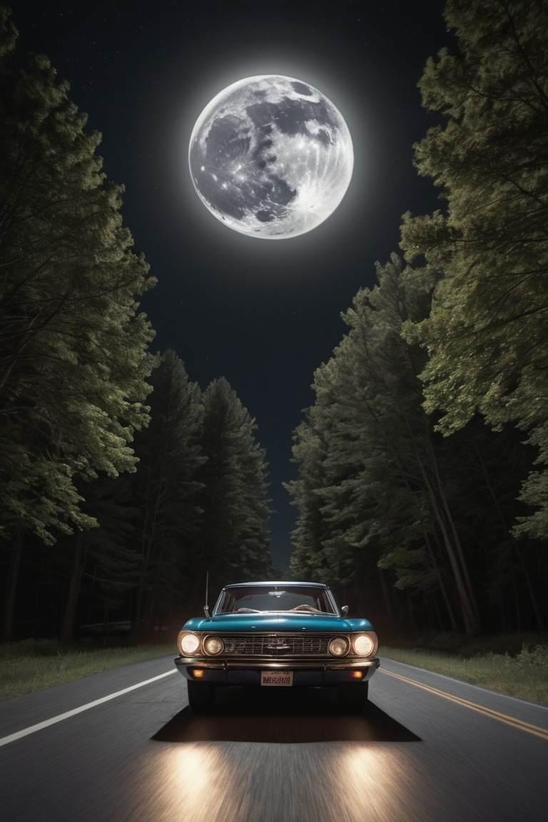 hyper detailed photograph of an old retro 60's car driving underneath a huge detailed full circular moon,  stars in sky,...