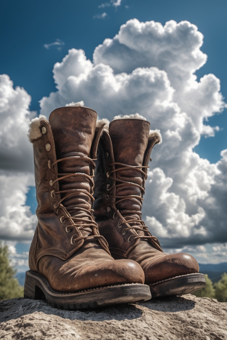 hyper detailed photograph of an old ancient pair of boots underneath fluffy clouds in sky,  daytime,  |photographic on Ten...