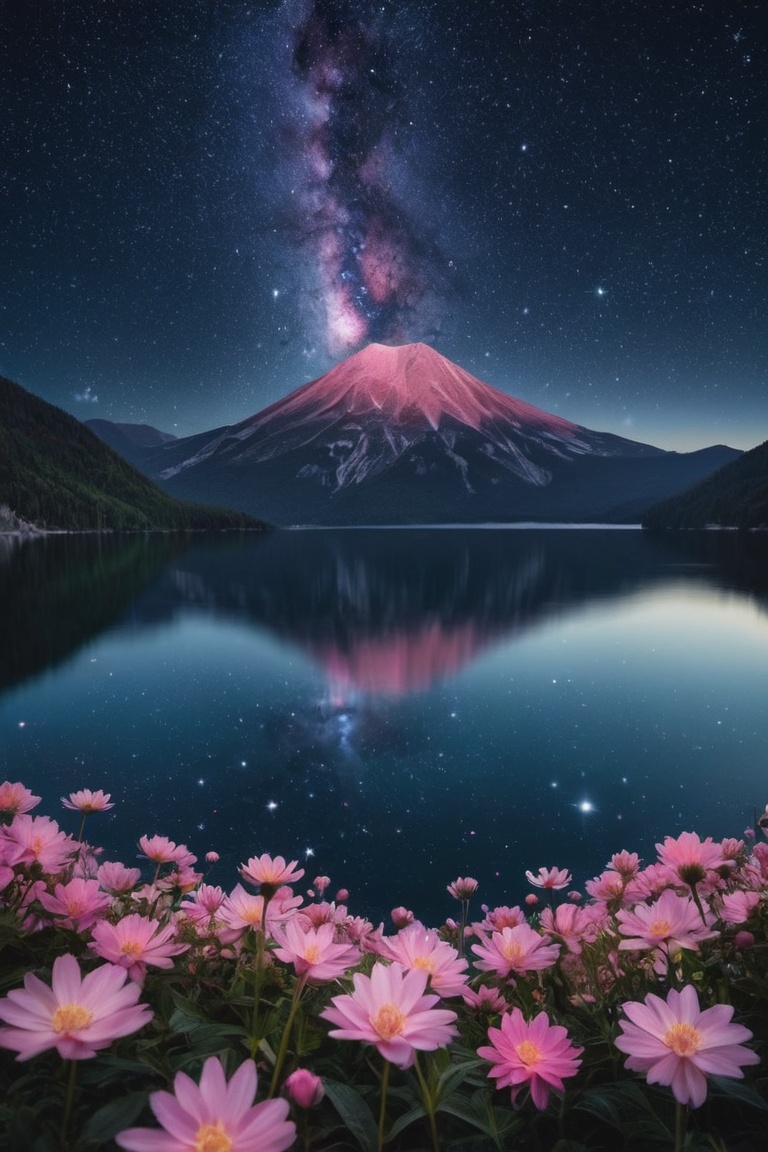 a lake with a mountain in the background and a night sky filled with stars above it and a few pink flowers in the foregrou...