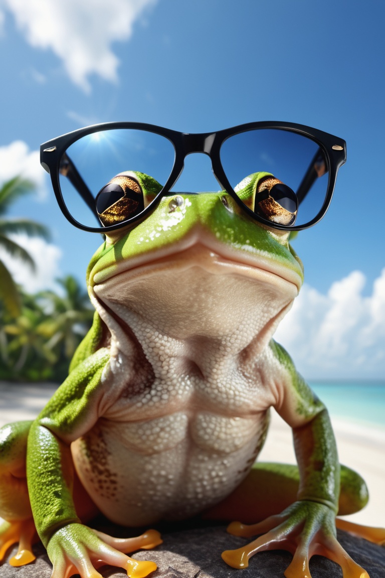 hyper detailed photograph of a frog wearing sunglasses under a tropical sky,  daytime,  |photographic on Tensor.Art