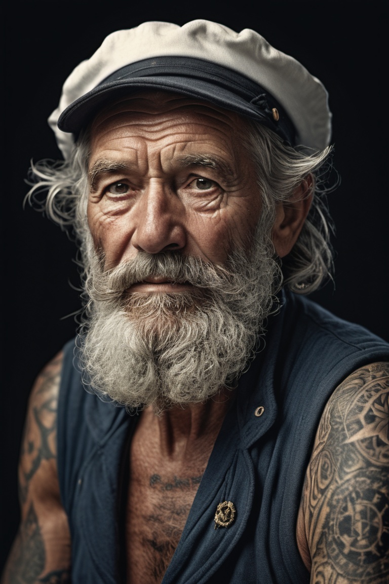 Hyper detailed photograph of a captivating portrait of a wise and weathered old sailor,  adorned with nautical tattoos and...