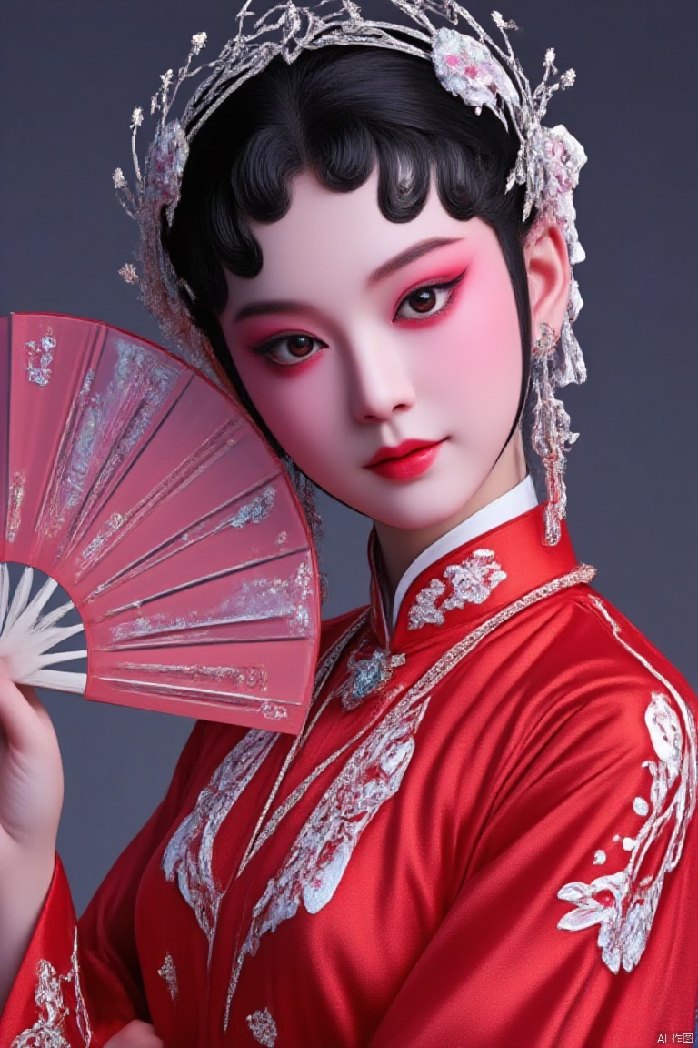 Ultra clear picture quality, 8k, artistic portrait, full body portrait, stage play, a girl, naughty expression, black hair, black eyes, eye shadow, makeup, (red embroidered cheongsam: 1.4), medium chest, folding fan in hand, area lighting, back lighting, delicate skin, solid background, qingyi_baishe