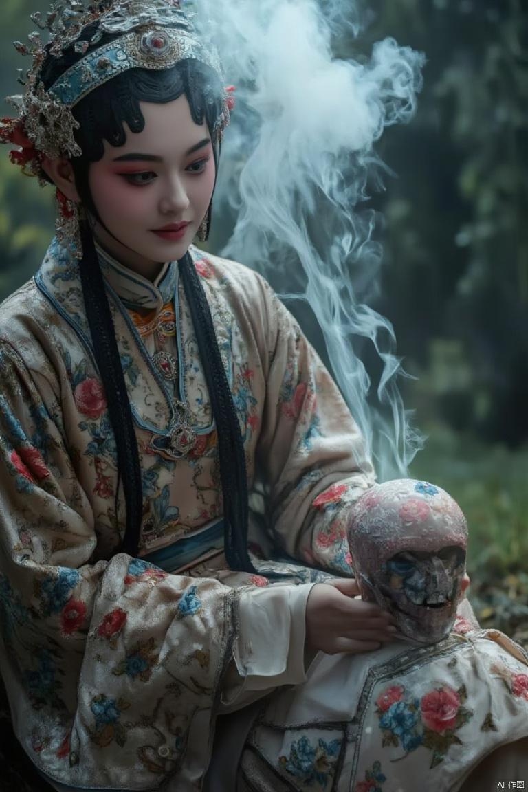 Ultra-high definition image quality, 8k, oc renderer, traditional Chinese paper-quilling art style, the perfect combination of traditional craftsmanship and mechanical structure, a girl, sitting sideways on the ground,Holding a censer in hand, the smoke forms a skull, lonely eyes, loneliness Sense, depth of field, blurred background, close-up,