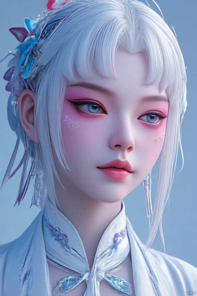 A work of Chinese art style, a character in a mysterious world, nursing ears, white hair, blue eye shadow, delicate and pitiful, cat whiskers, hanfu, embroidery, ribbon, magic, textured skin, qingyi_baishe