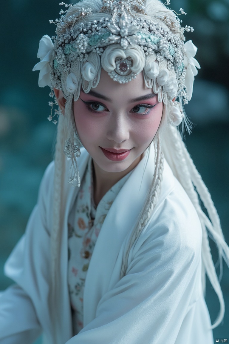 Ultra-clear image quality, 8k, a girl, walking towards the audience, melancholy eyes,fireflies, white hair, braids, bow, pearl hair crown, eye shadow, makeup, white shirt, natural droop,cleavage, medium bust, slender legs, delicate and smooth skin, solid color background, rim lighting, studio lighting, depth of field, extreme detail, rich colors,qingyi-baishe，