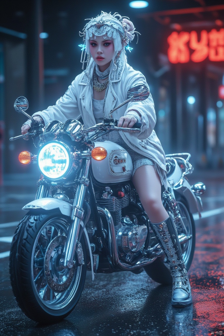 Ultra clear quality, 8k, cyberpunk style, 1 girl, riding a motorcycle, white hair, bun, glowing hair accessories, plastic clothes, jacket, boots,