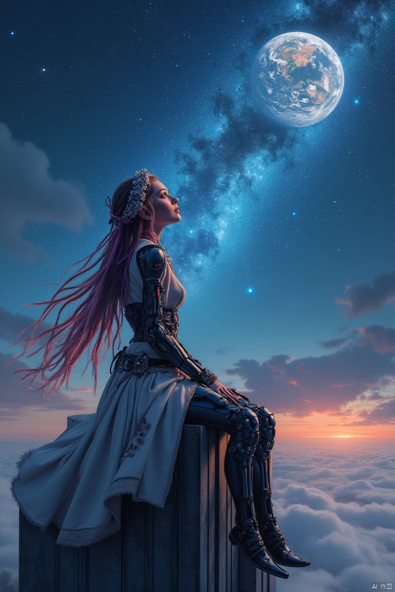 A girl with future technology and mechanical joints, sitting on the tallest building on earth looking up at the universe, with flowing long hair and ribbons, a doomsday scene,