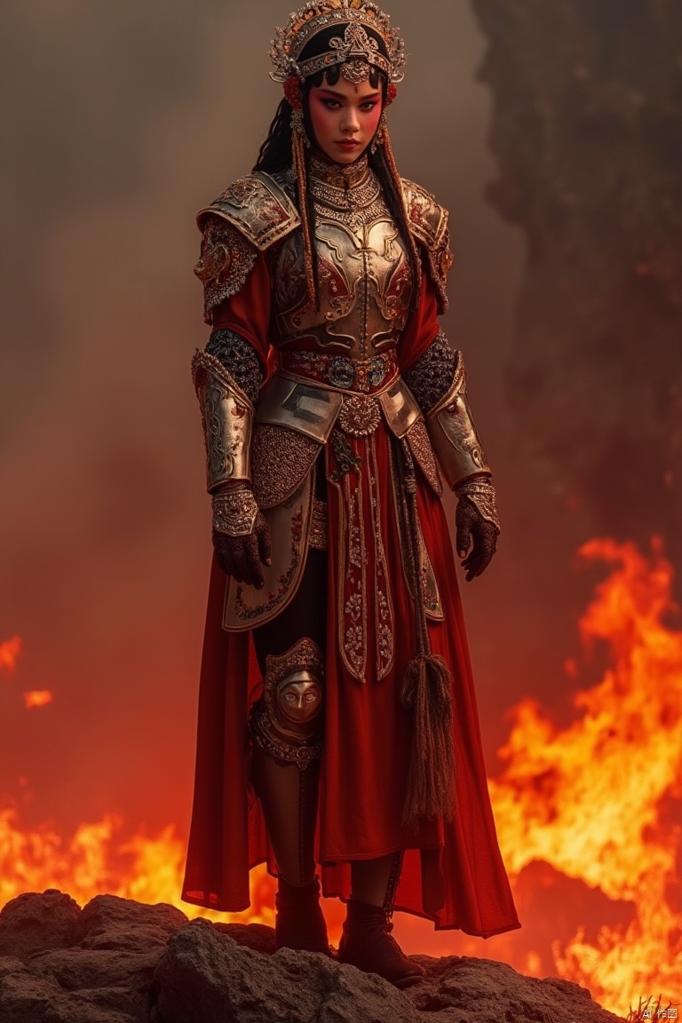 Ultra-clear picture quality, a girl wearing classical armor, with beautiful makeup and noble temperament, standing on the hellfire, with lava flowing under her feet,