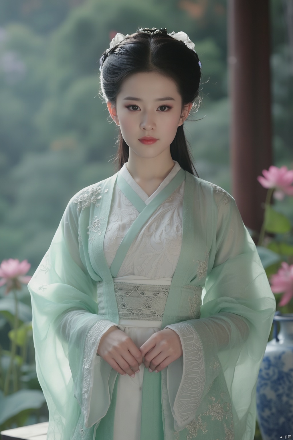 Best quality, Realistic, photorealistic, masterpiece, (huge breasts:2.39) , best shadow, huge filesize ,(huge breasts:2.39) incredibly absurdres, absurdres, looking at viewer, transparent, smog, gauze, vase, petals, room, ancient Chinese style, detailed background, wide shot background, (((1gilr,black hair))),(Sitting on the lotus pond porch:1.39) ,(huge breasts:2.59),(A pond full of pink lotus flowers:1.3),close up of 1girl,Hairpins,hair ornament,hair wings,slim,narrow waist,(huge breasts:2.69),perfect eyes,beautiful perfect face,pleasant smile,perfect female figure,detailed skin,charming,alluring,seductive,erotic,enchanting,delicate pattern,detailed complex and rich exquisite clothing detail,delicate intricate fabrics, Morning Serenade In the gentle morning glow, (a woman in a pink lotus-patterned Hanfu stands in an indoor courtyard:1.26),(Chinese traditional dragon and phoenix embroidered Hanfu:1.3), admiring the tranquil garden scenery. The lotus-patterned Hanfu, embellished with silver-thread embroidery, is softly illuminated by the morning light. The light mint green Hanfu imparts a sense of calm and freshness, adorned with delicate lotus patterns, with a blurred background to enhance the peaceful atmosphere,(huge breasts:2.79),Xxiaolongnv,Xsutaner,Xyunxiao,Xningyao