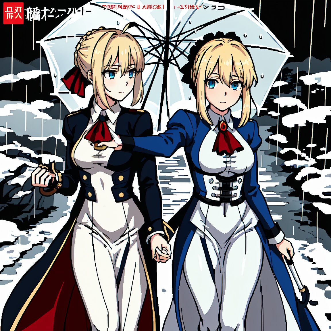 masterpiece, best quality, highres, (((violet evergarden)), braid, hair ribbon, red ribbon, jewelry, white ascot, brooch, blue jacket, long sleeves, mechanical hands, white dress, long dress, , (reaching out:1.2), outstretched arm

vibrant colors,blue,detailed rain drops

(((anime girl with blue eyes holding an umbrella in the rain))), artoria pendragon, violet evergarden, detailed digital anime art, anime style like fate/stay night, fate grand order, epic light novel art cover, clean detailed anime art, epic light novel cover art, fate / stay night, detailed key anime art, light novel cover art, alice x. zhang,1 girl,

a woman holding an umbrella in the snow, artoria pendragon, streaming on twitch, stunning character art, violet evergarden, inspired by Kazimierz Wojniakowski, frida, ultramarine, walking toward you, queen of longing, steampunk aesthetic
