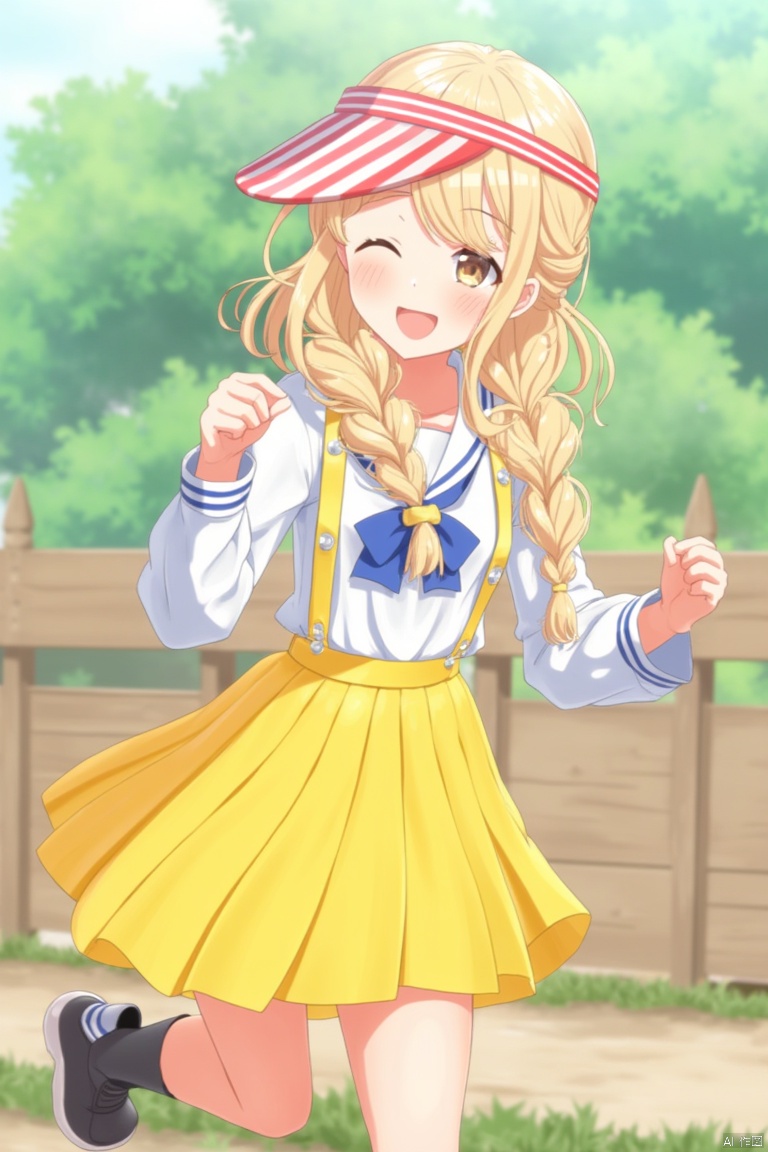 1girl, kotone fujita,4th clothes,yellow skirt,striped hat,braid,yellow hair,masterpiece,bset quality,run,garden