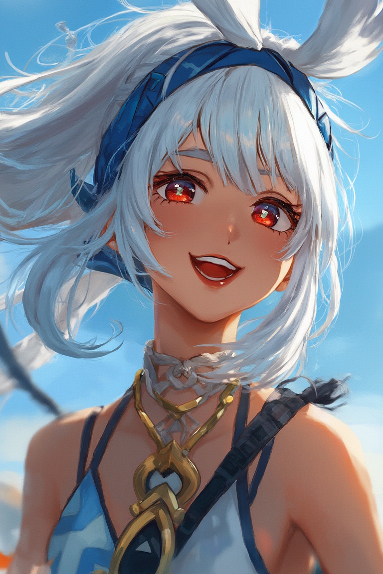 A realistic portrait of mualani,  with flowing white hair and striking red eyes,  adorned with a blue bandana that contras...