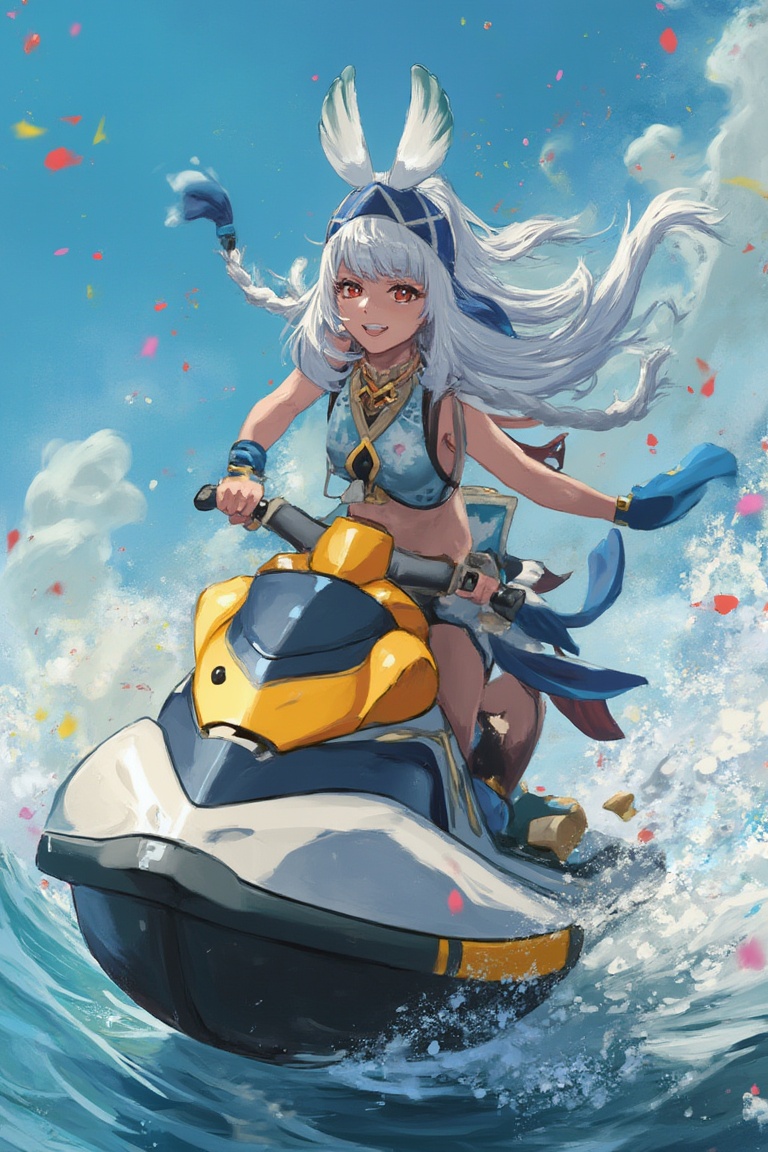 mualani speeds across the lake on a jetski,  her red eyes gleaming with excitement,  long twin-braided white hair whipping...