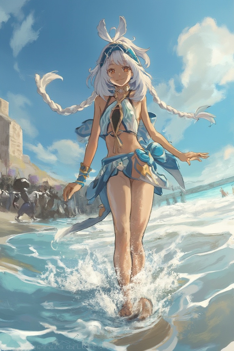 At a bustling beach,  Mualani kicks up water playfully,  her red eyes bright with joy on Tensor.Art