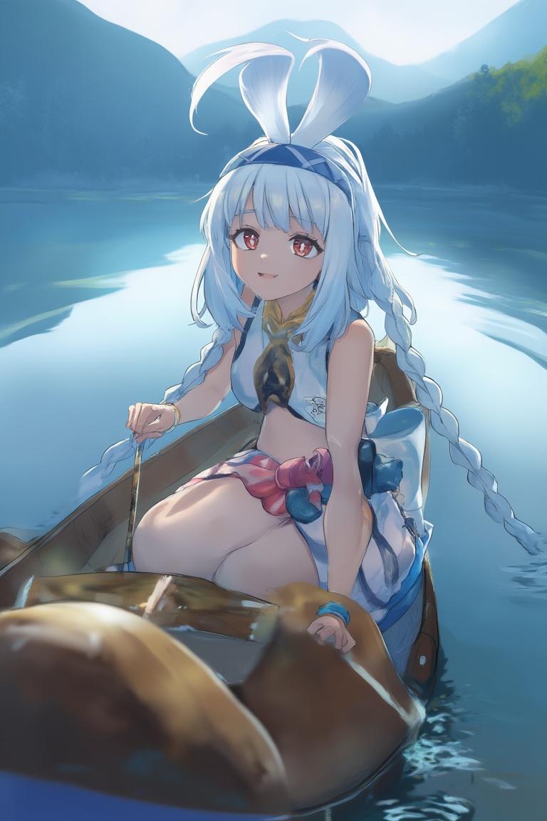 Mualani paddles through a serene lake in a small boat,  her red eyes glowing with peace,  long twin-braided white hair han...