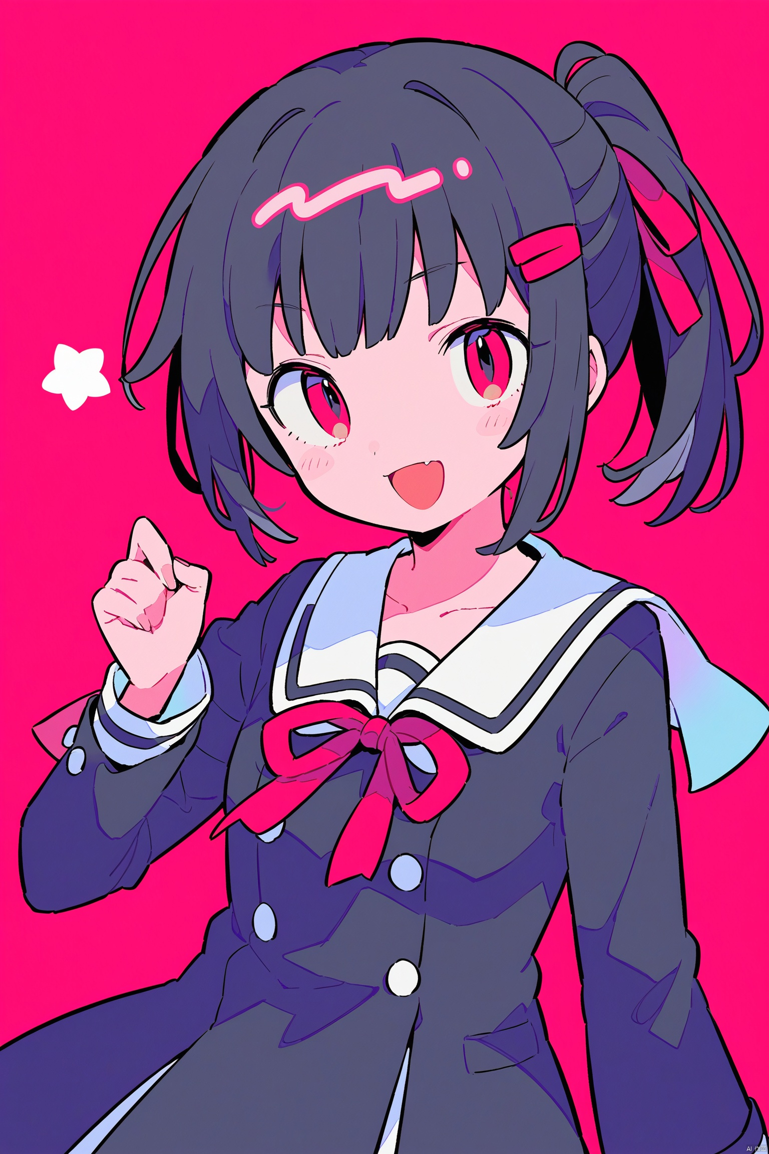 1girl, bangs, black_dress, black_hair, blush, breasts, collarbone, dress, eyebrows_visible_through_hair, folded_ponytail, hair_ribbon, long_sleeves, looking_at_viewer, open_mouth, parted_bangs, red_background, red_eyes, red_ribbon, ribbon, school_uniform, shinomiya_kaguya, short_hair, shuuchiin_academy_uniform, sidelocks, smile, solo