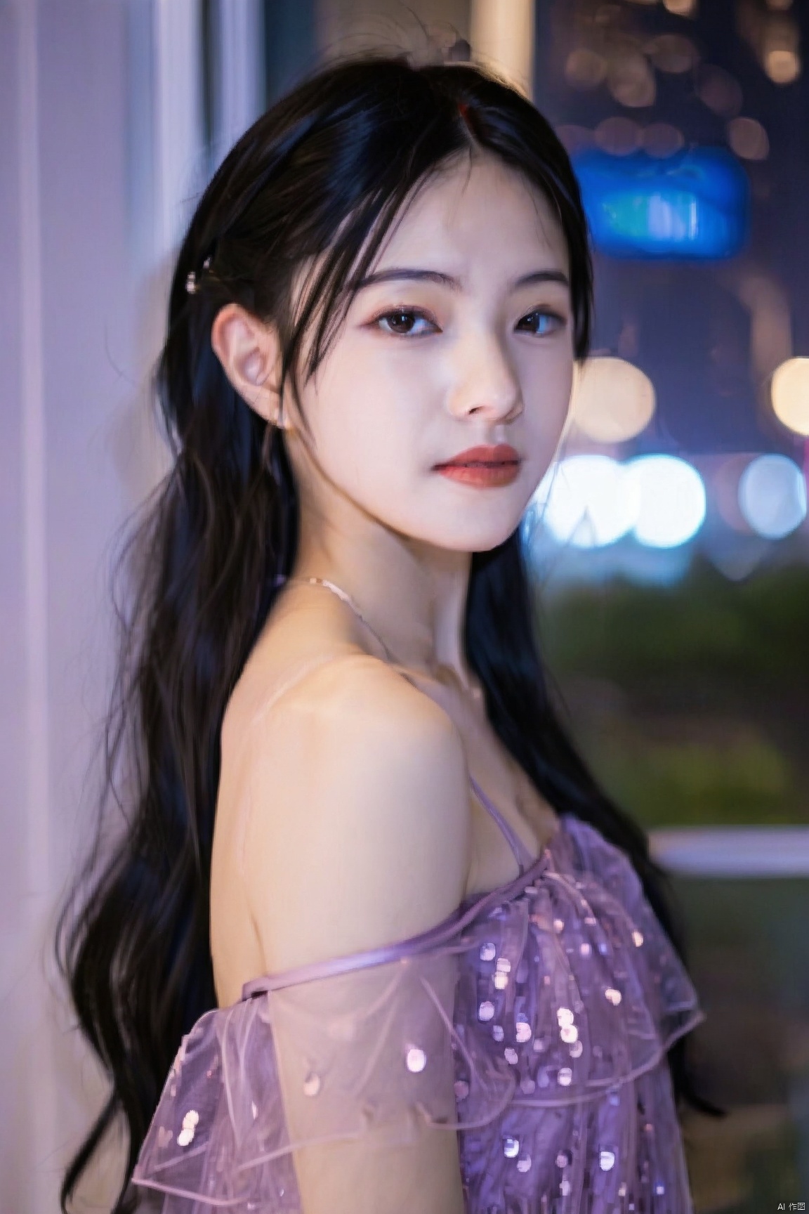 一个留着黑色长发的18岁中国女生,晚上,光,素颜,穿着丝绸质感的薄薄一层淡紫色亮片露肩礼服长裙,面部特写,使用50mm镜头,f/1.8光圈拍摄,身体正面朝向镜头,龙纹身,完美的身材,温柔的