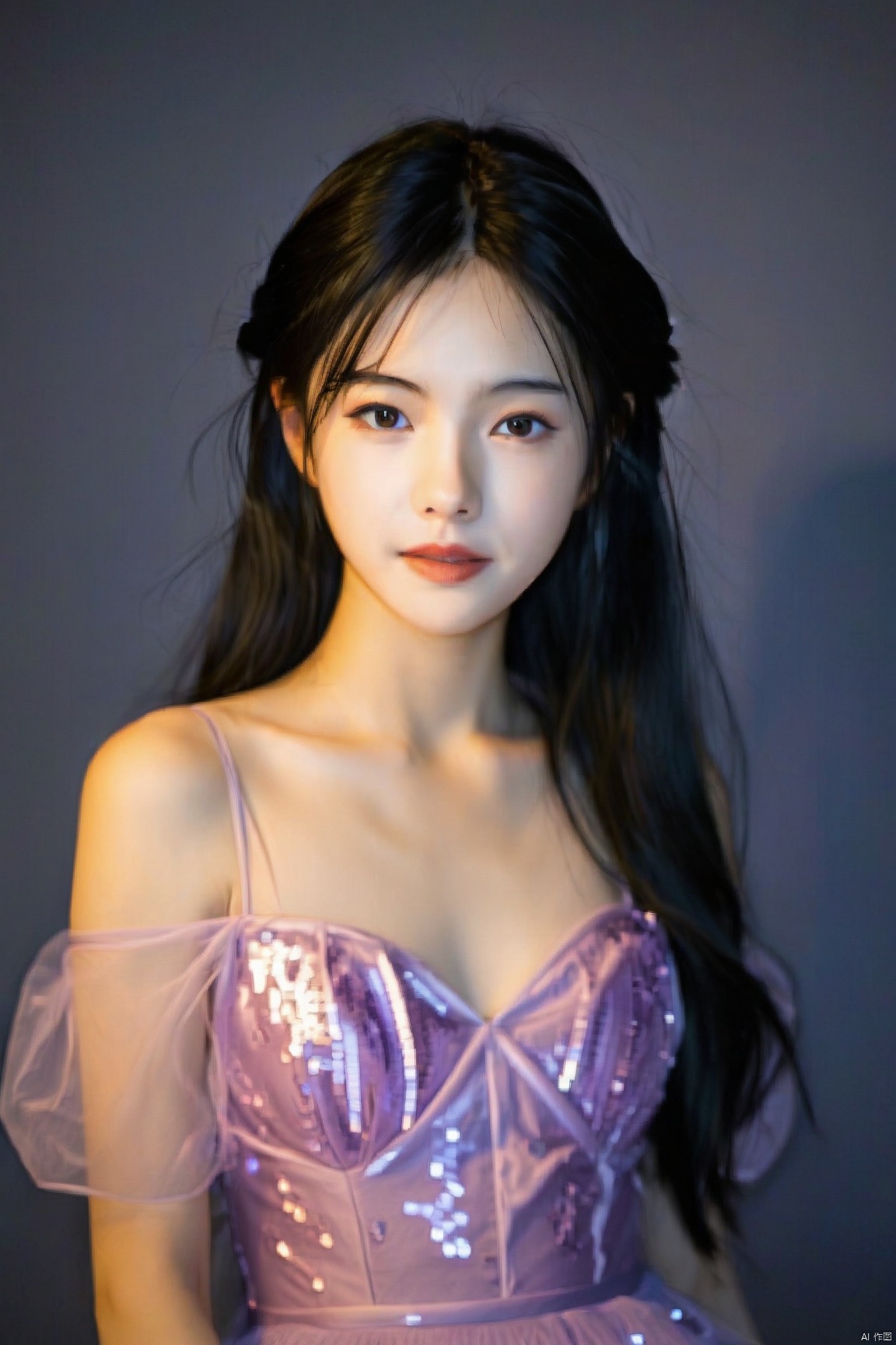 一个留着黑色长发的18岁中国女生,晚上,光,素颜,穿着丝绸质感的薄薄一层淡紫色亮片露肩礼服长裙,面部特写,使用50mm镜头,f/1.8光圈拍摄,身体正面朝向镜头,龙纹身,完美的身材,温柔的