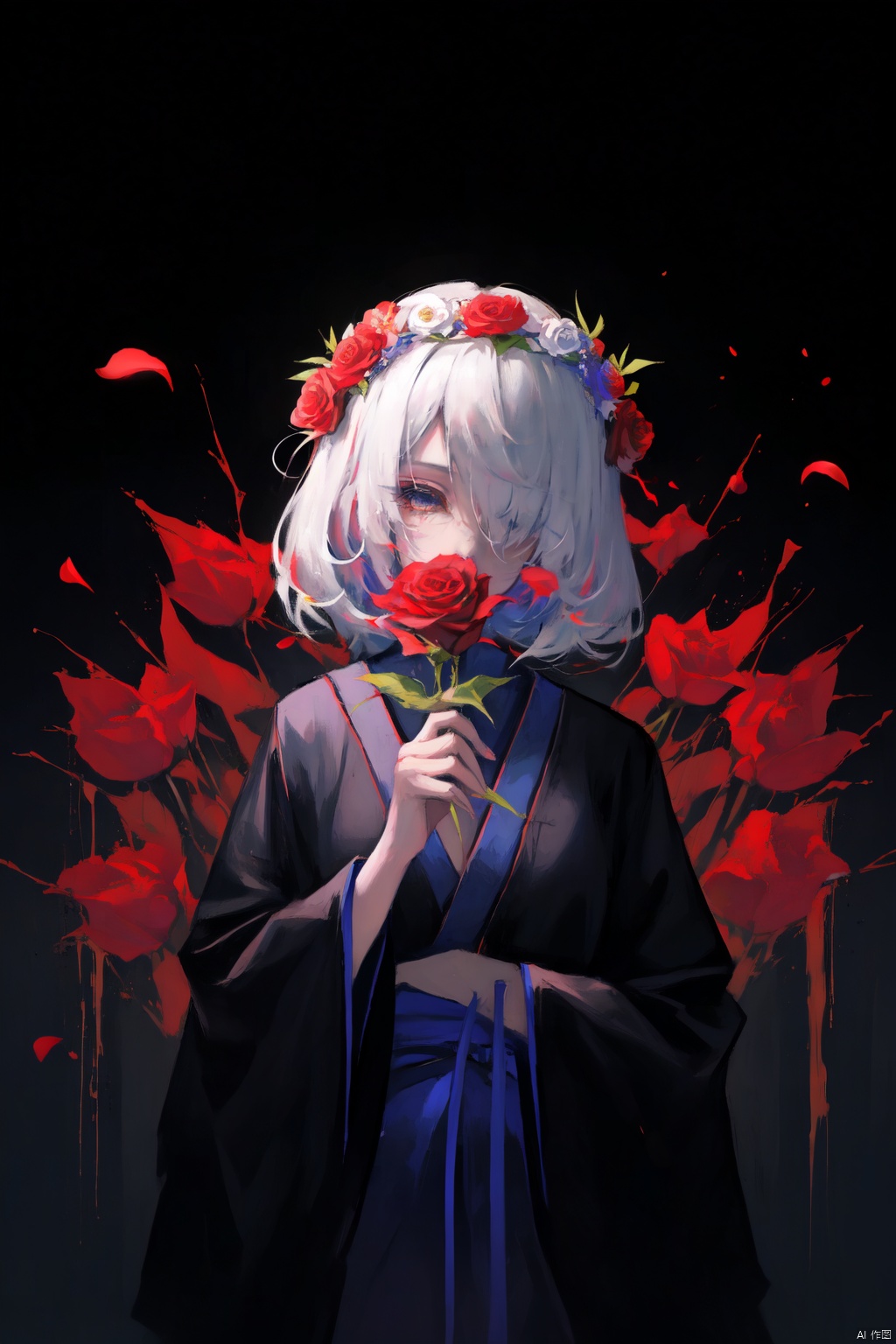 A young Asian woman wearing a flower wreath,An Acrylic style painting that is expressive, gives it a dynamic and emotional quality.a woman with a ethereal red and blue mist surrounding her body. The mist creates a dramatic and surreal effect. A red flower, that is blooming, covering one eye, attached to the face. The woman has a cold aesthetic, complimented by her white hair. Anime art of woman draped in shadows with a lighting that enhances her sexy unique features. with a black kimono adorned with flowers. The background is blurred The background is a wall with Chinese characters written on it creating a stark contrast to the woman's outfit. filled with red rose petals.