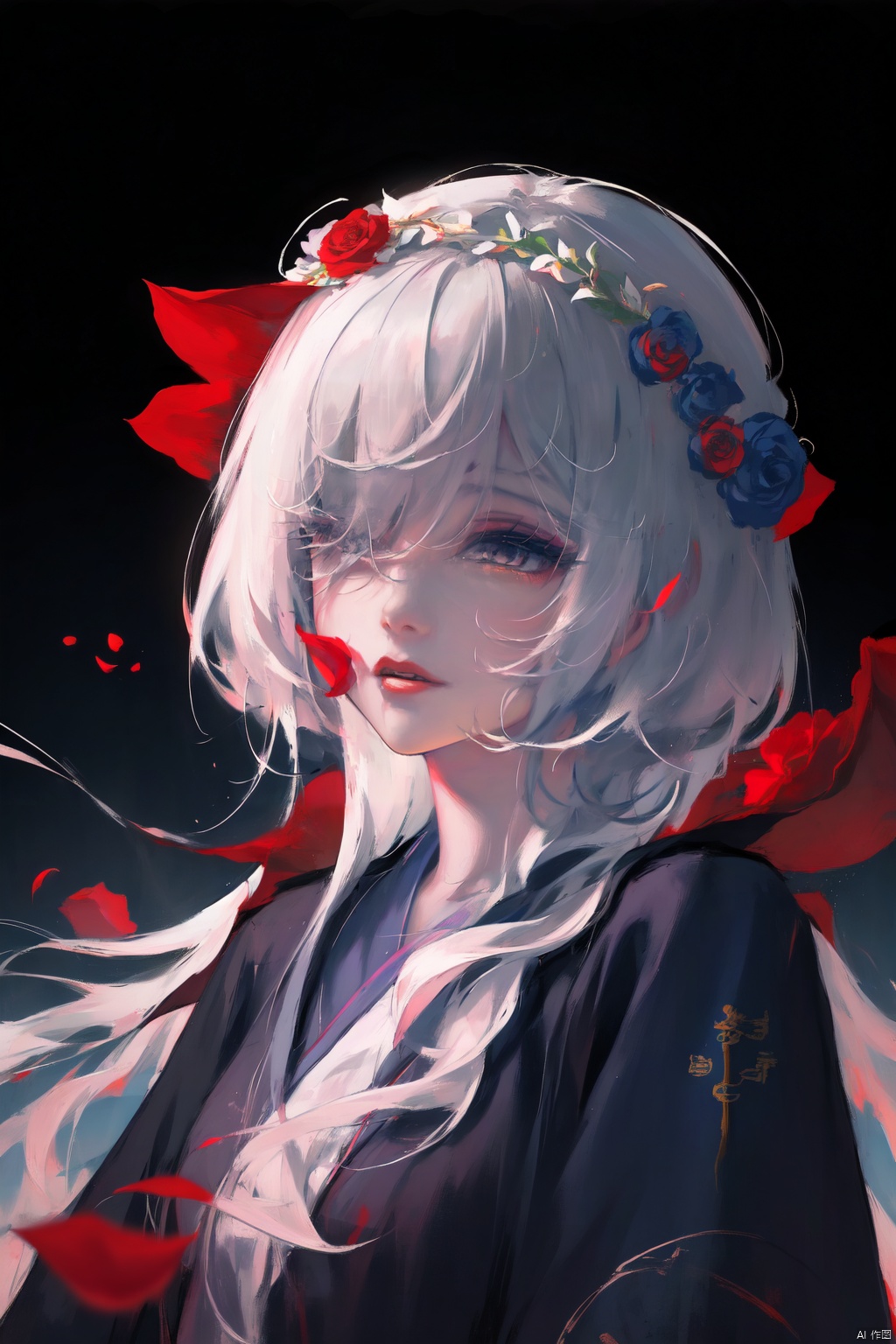 A young Asian woman wearing a flower wreath,An Acrylic style painting that is expressive, gives it a dynamic and emotional quality.a woman with a ethereal red and blue mist surrounding her body. The mist creates a dramatic and surreal effect. A red flower, that is blooming, covering one eye, attached to the face. The woman has a cold aesthetic, complimented by her white hair. Anime art of woman draped in shadows with a lighting that enhances her sexy unique features. with a black kimono adorned with flowers. The background is blurred The background is a wall with Chinese characters written on it creating a stark contrast to the woman's outfit. filled with red rose petals.