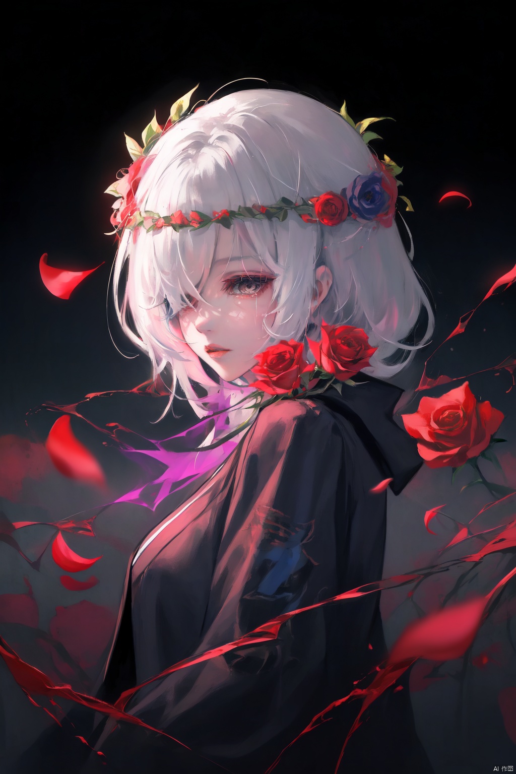A young Asian woman wearing a flower wreath,An Acrylic style painting that is expressive, gives it a dynamic and emotional quality.a woman with a ethereal red and blue mist surrounding her body. The mist creates a dramatic and surreal effect. A red flower, that is blooming, covering one eye, attached to the face. The woman has a cold aesthetic, complimented by her white hair. Anime art of woman draped in shadows with a lighting that enhances her sexy unique features. with a black kimono adorned with flowers. The background is blurred The background is a wall with Chinese characters written on it creating a stark contrast to the woman's outfit. filled with red rose petals.
