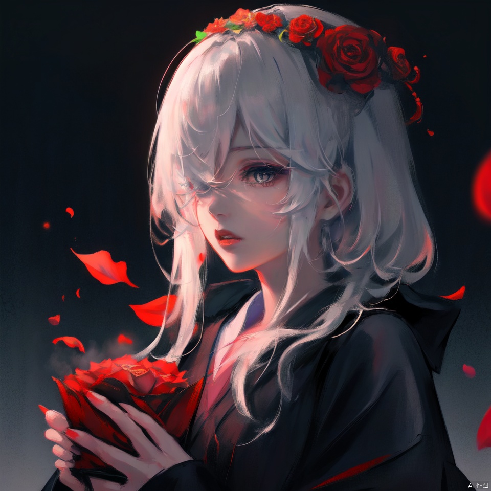 A young Asian woman wearing a flower wreath,An Acrylic style painting that is expressive, gives it a dynamic and emotional quality.a woman with a ethereal red and blue mist surrounding her body. The mist creates a dramatic and surreal effect. A red flower, that is blooming, covering one eye, attached to the face. The woman has a cold aesthetic, complimented by her white hair. Anime art of woman draped in shadows with a lighting that enhances her sexy unique features. with a black kimono adorned with flowers. The background is blurred The background is a wall with Chinese characters written on it creating a stark contrast to the woman's outfit. filled with red rose petals.