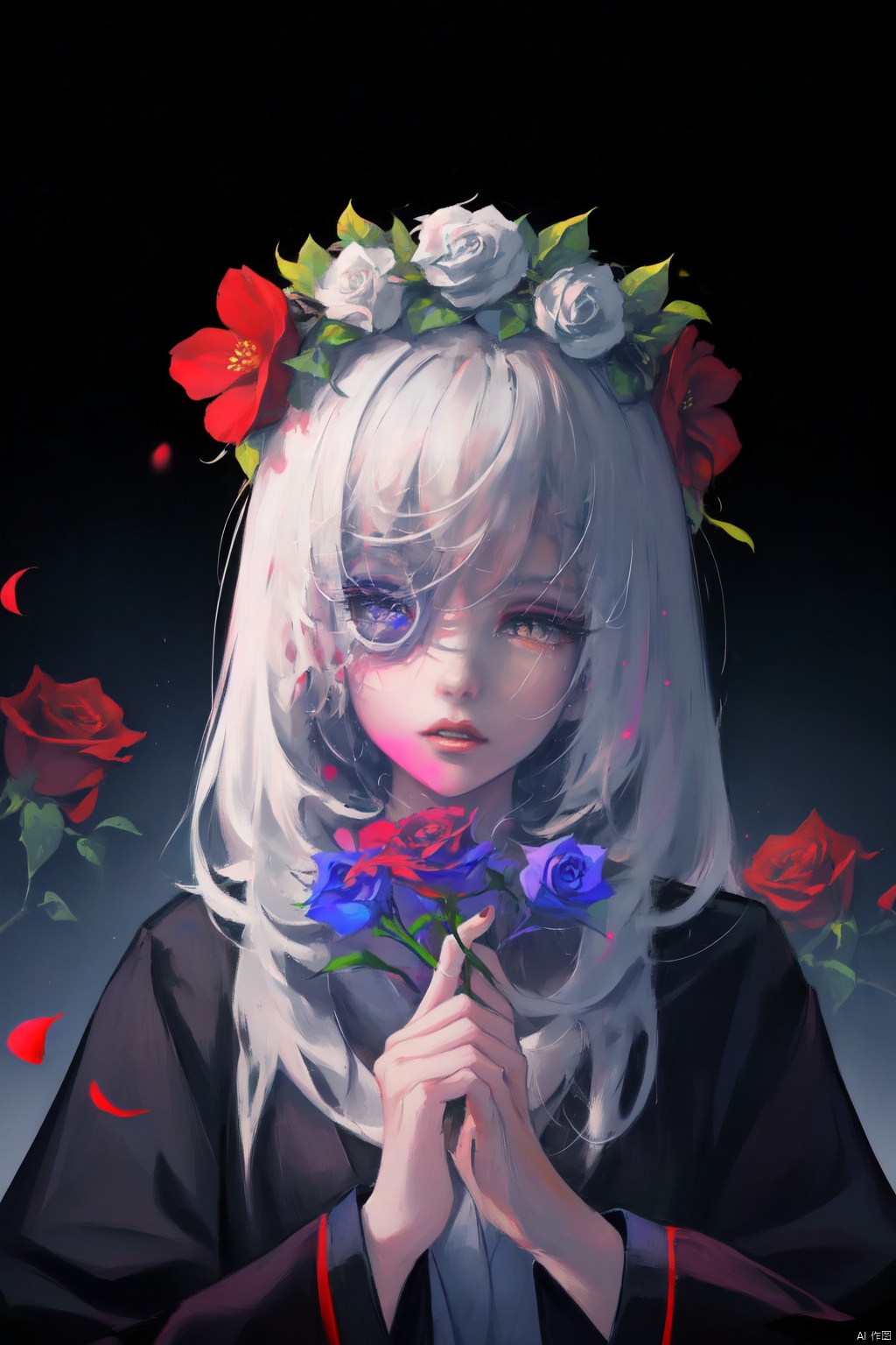 A young Asian woman wearing a flower wreath,An Acrylic style painting that is expressive, gives it a dynamic and emotional quality.a woman with a ethereal red and blue mist surrounding her body. The mist creates a dramatic and surreal effect. A red flower, that is blooming, covering one eye, attached to the face. The woman has a cold aesthetic, complimented by her white hair. Anime art of woman draped in shadows with a lighting that enhances her sexy unique features. with a black kimono adorned with flowers. The background is blurred The background is a wall with Chinese characters written on it creating a stark contrast to the woman's outfit. filled with red rose petals.