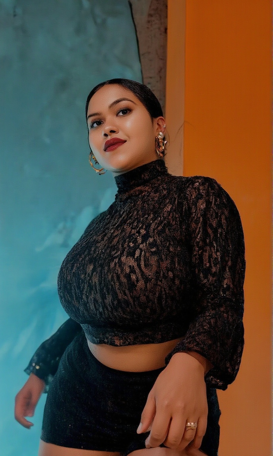 A stylish Mallu girl with a curvy,  sexy figure poses confidently in a modern,  non-traditional outfit adorned with tradit...