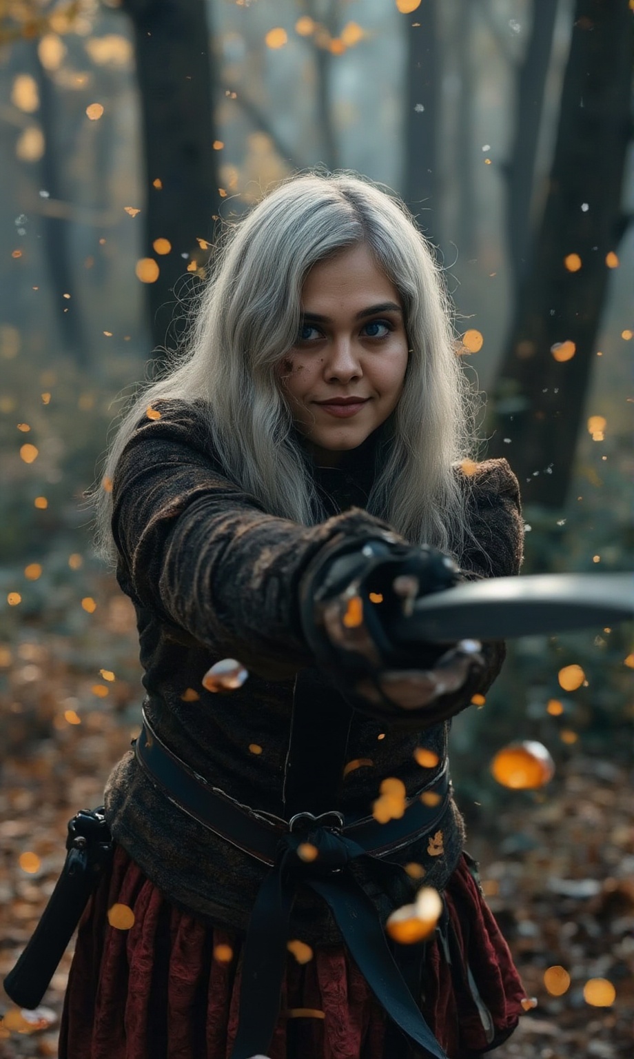 Photo real of Ciri in mid-combat,  gracefully dodging an attack and countering with her sword. She is in her Witcher train...