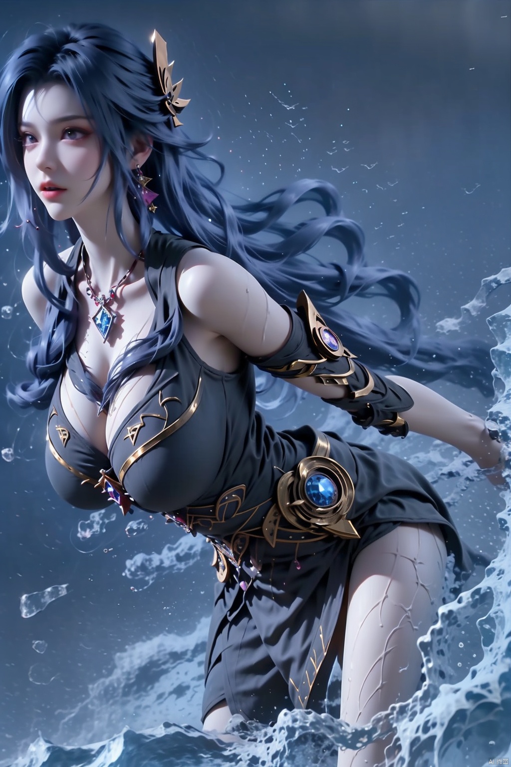 1girl solo long hair black hair  barefoot water realistic