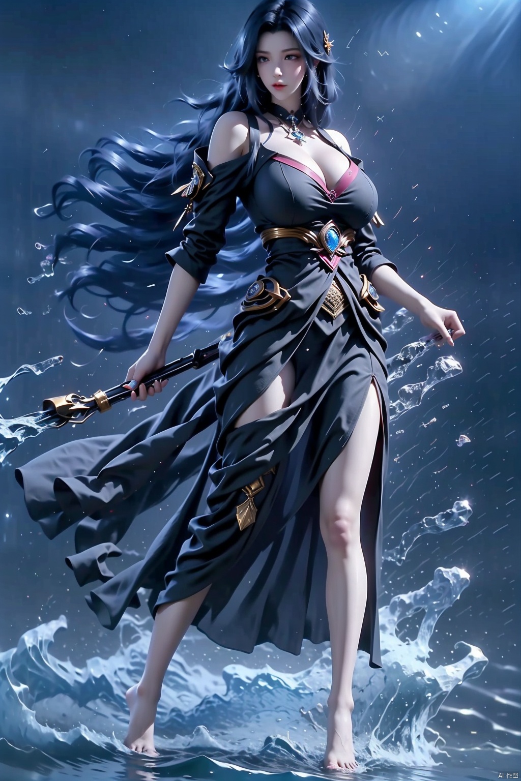 1girl solo long hair black hair  barefoot water realistic