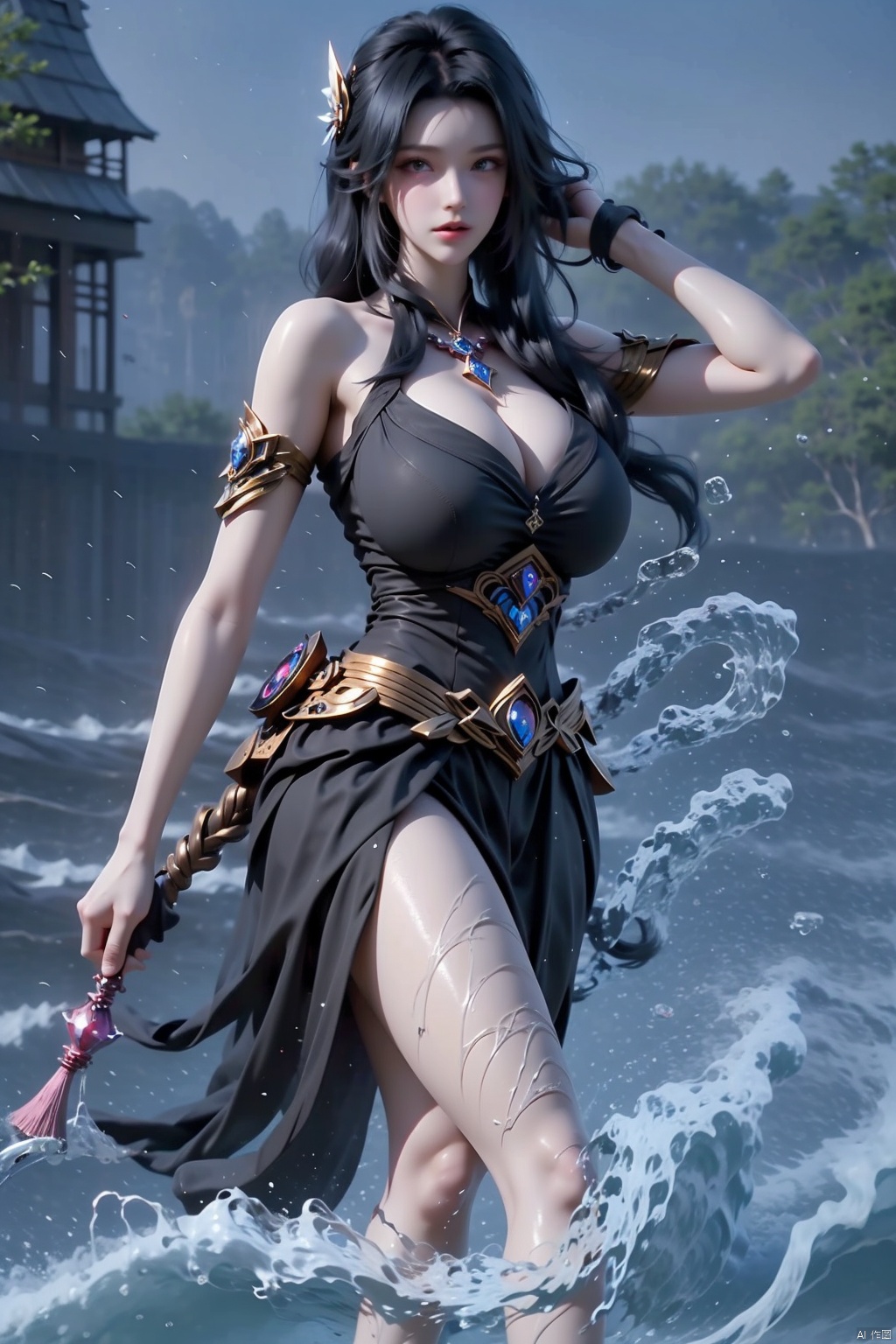 1girl solo long hair black hair  barefoot water realistic